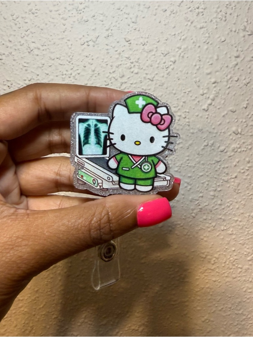 Hello Kitty Nurse Badge Reel - White & Green with Pink Bow